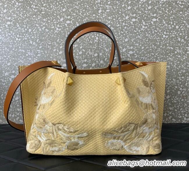 Buy Discount Valentino VLogo Signature Medium Shopping bag in raffia starw with floral embroidery 0880 Beige/White 2025