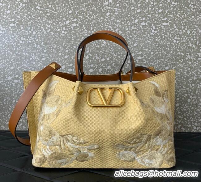 Buy Discount Valentino VLogo Signature Medium Shopping bag in raffia starw with floral embroidery 0880 Beige/White 2025
