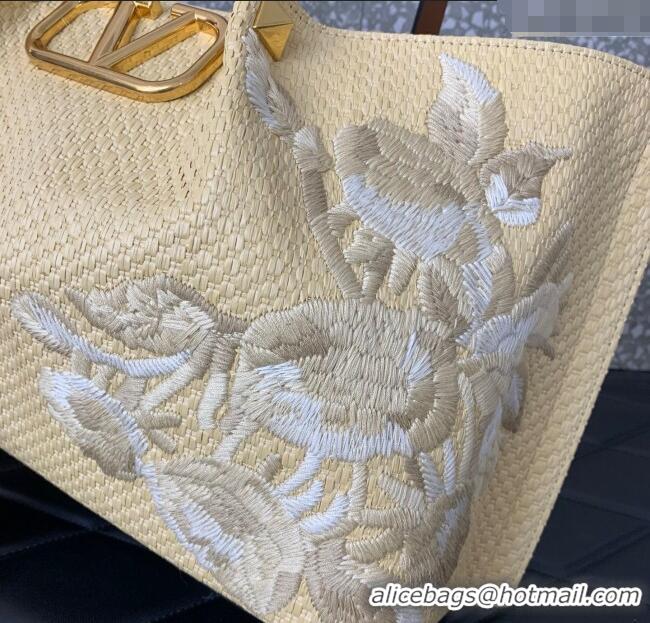 Buy Discount Valentino VLogo Signature Medium Shopping bag in raffia starw with floral embroidery 0880 Beige/White 2025