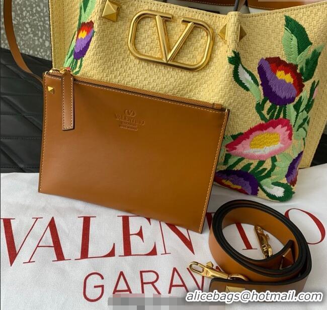 Promotional Valentino VLogo Signature Medium Shopping bag in raffia starw with floral embroidery 0880 Beige/Multicolor 2