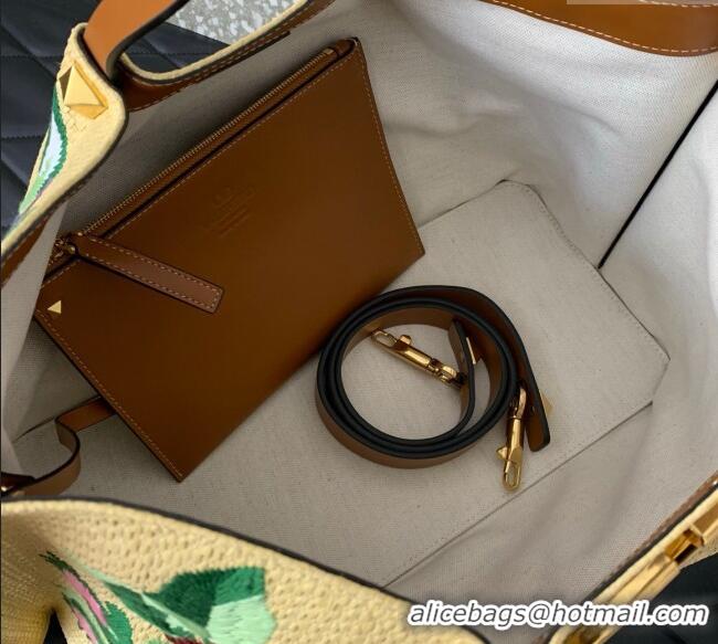 Promotional Valentino VLogo Signature Medium Shopping bag in raffia starw with floral embroidery 0880 Beige/Multicolor 2