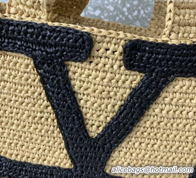 Trendy Design Valentino Viva Superstar Crochet Small Shopping Bag in Raffia Straw 0110S Beige/Black 2025