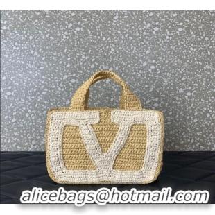Promotional Valentino Viva Superstar Crochet Small Shopping Bag in Raffia Straw 0110S Beige/White 2025