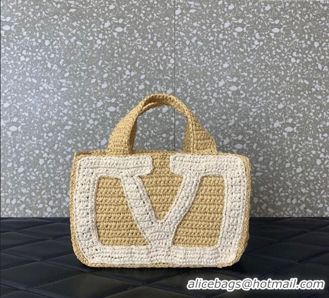 Promotional Valentino Viva Superstar Crochet Small Shopping Bag in Raffia Straw 0110S Beige/White 2025