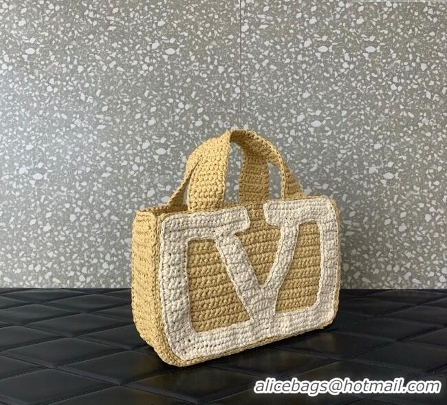 Promotional Valentino Viva Superstar Crochet Small Shopping Bag in Raffia Straw 0110S Beige/White 2025