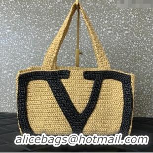 Promotional Valentino Viva Superstar Crochet Medium Shopping Bag in Raffia Straw 0110L Beige/Black 2025