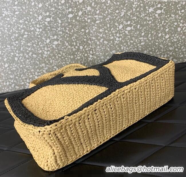 Promotional Valentino Viva Superstar Crochet Medium Shopping Bag in Raffia Straw 0110L Beige/Black 2025