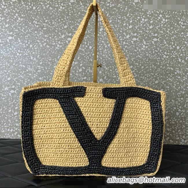 Promotional Valentino Viva Superstar Crochet Medium Shopping Bag in Raffia Straw 0110L Beige/Black 2025