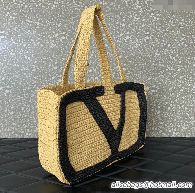 Promotional Valentino Viva Superstar Crochet Medium Shopping Bag in Raffia Straw 0110L Beige/Black 2025