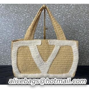 Promotional Valentino Viva Superstar Crochet Medium Shopping Bag in Raffia Straw 0110L Beige/White 2025