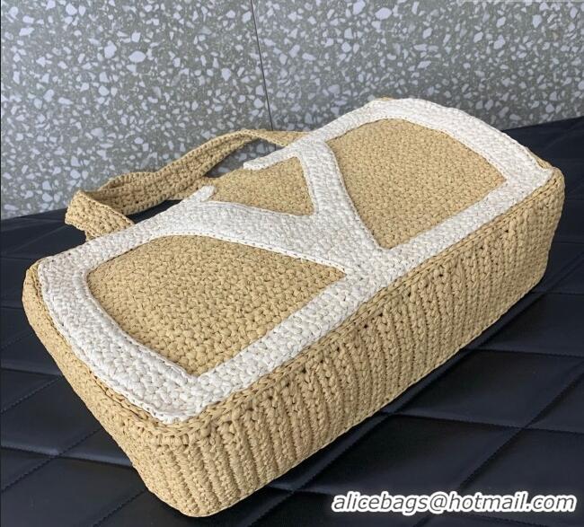 Promotional Valentino Viva Superstar Crochet Medium Shopping Bag in Raffia Straw 0110L Beige/White 2025