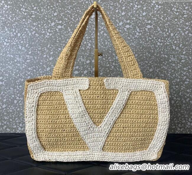 Promotional Valentino Viva Superstar Crochet Medium Shopping Bag in Raffia Straw 0110L Beige/White 2025