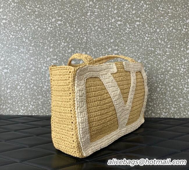 Promotional Valentino Viva Superstar Crochet Medium Shopping Bag in Raffia Straw 0110L Beige/White 2025