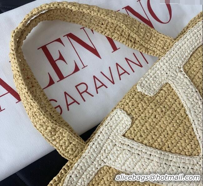 Promotional Valentino Viva Superstar Crochet Medium Shopping Bag in Raffia Straw 0110L Beige/White 2025