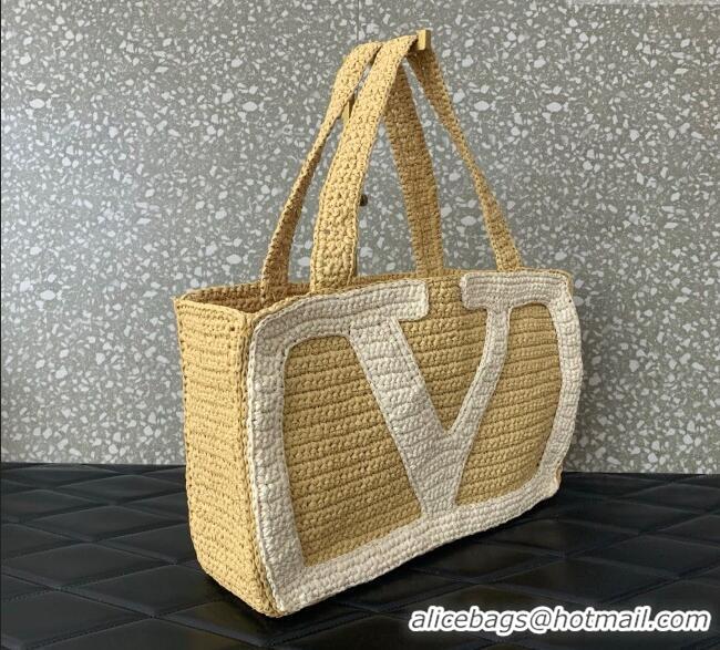 Promotional Valentino Viva Superstar Crochet Medium Shopping Bag in Raffia Straw 0110L Beige/White 2025