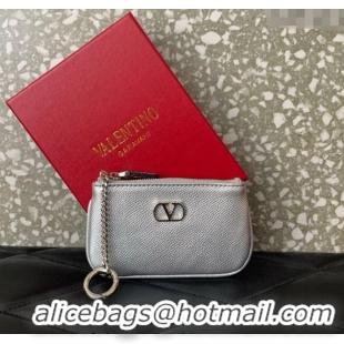 Buy Fashionable Valentino Vlogo Signature Grainy Calfskin Key Ring Pouch VLTN038 Silver 2025