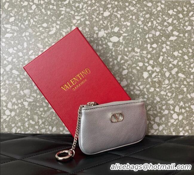 Buy Fashionable Valentino Vlogo Signature Grainy Calfskin Key Ring Pouch VLTN038 Silver 2025