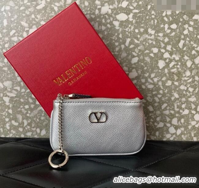 Buy Fashionable Valentino Vlogo Signature Grainy Calfskin Key Ring Pouch VLTN038 Silver 2025