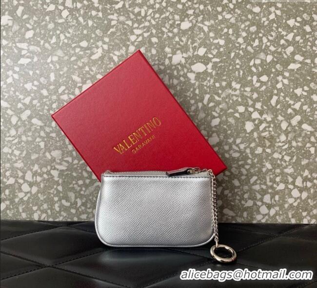 Buy Fashionable Valentino Vlogo Signature Grainy Calfskin Key Ring Pouch VLTN038 Silver 2025