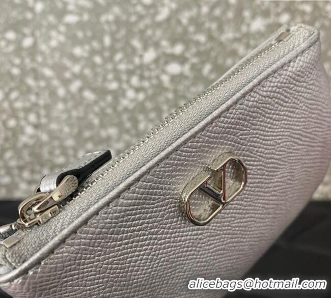 Buy Fashionable Valentino Vlogo Signature Grainy Calfskin Key Ring Pouch VLTN038 Silver 2025
