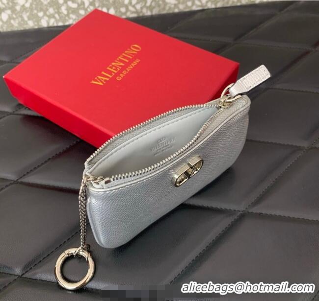 Buy Fashionable Valentino Vlogo Signature Grainy Calfskin Key Ring Pouch VLTN038 Silver 2025