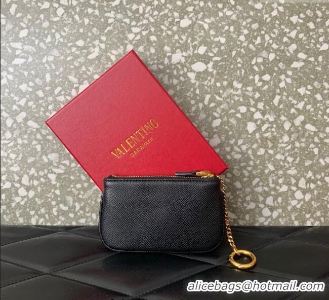 Grade Design Valentino Vlogo Signature Grainy Calfskin Key Ring Pouch VLTN038 Black 2025
