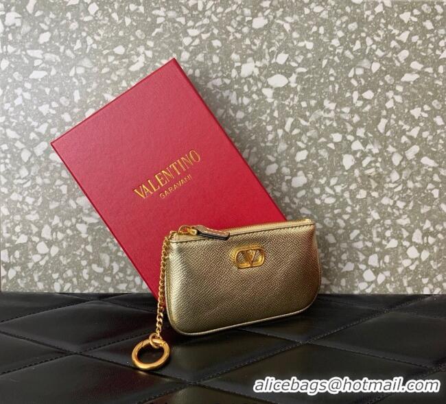 Promotional Valentino Vlogo Signature Grainy Calfskin Key Ring Pouch VLTN038 Gold 2025