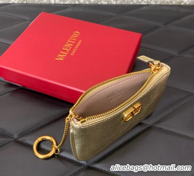 Promotional Valentino Vlogo Signature Grainy Calfskin Key Ring Pouch VLTN038 Gold 2025