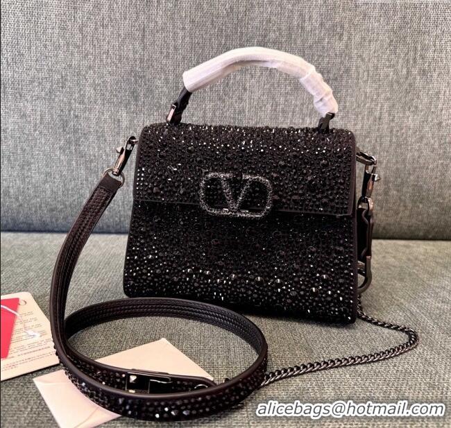 Trendy Design Valentino Mini VSling Handbag with Sparkling Strass Embroidery 01996 Chocolate/Black 2025