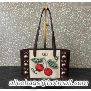 Top Quality Valentino Garavani Nellcote Mini Cherryfic Embroidered Shopping Bag 0078 Brown 2025