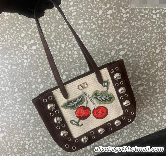 Top Quality Valentino Garavani Nellcote Mini Cherryfic Embroidered Shopping Bag 0078 Brown 2025
