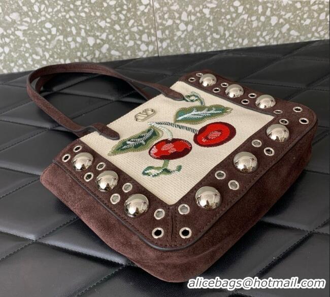 Top Quality Valentino Garavani Nellcote Mini Cherryfic Embroidered Shopping Bag 0078 Brown 2025