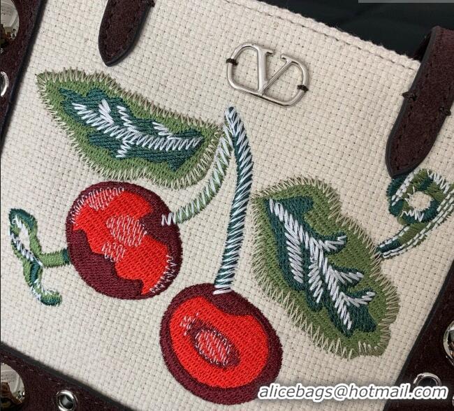 Top Quality Valentino Garavani Nellcote Mini Cherryfic Embroidered Shopping Bag 0078 Brown 2025