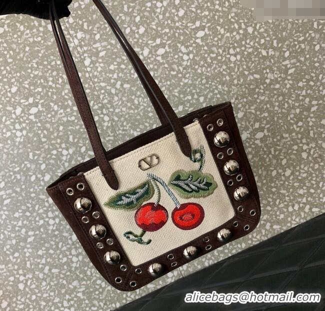 Top Quality Valentino Garavani Nellcote Mini Cherryfic Embroidered Shopping Bag 0078 Brown 2025