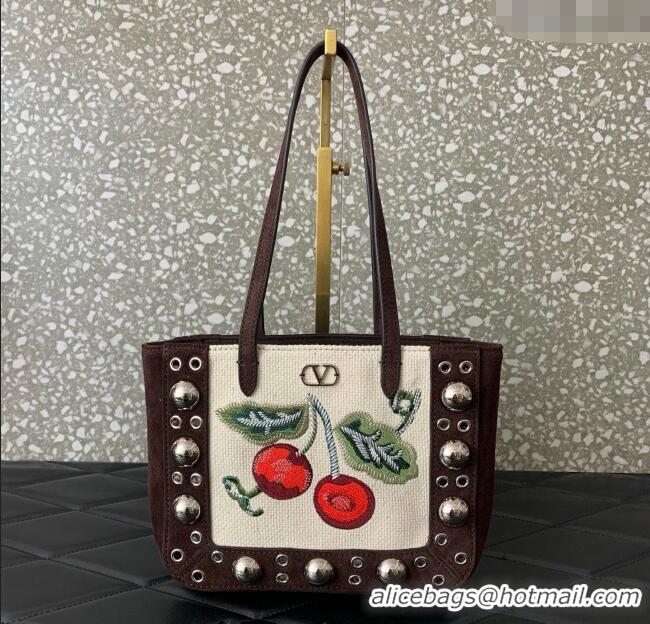 Top Quality Valentino Garavani Nellcote Mini Cherryfic Embroidered Shopping Bag 0078 Brown 2025