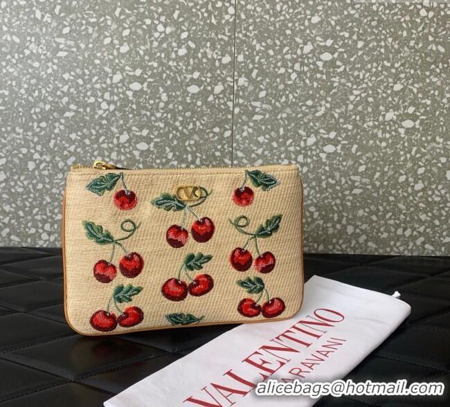 Super Quality Vlogo Signature Pouch In Jacquard Raffia With Cherryfic Pattern VLTN036 2025