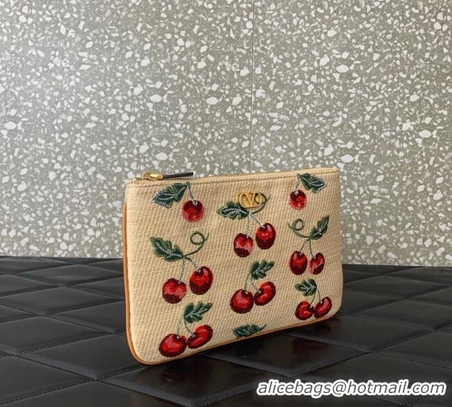 Super Quality Vlogo Signature Pouch In Jacquard Raffia With Cherryfic Pattern VLTN036 2025