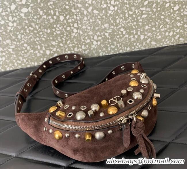 Best Quality Valentino Nellcote Belt Bag in Suede with Studs 2039 Brown 2025