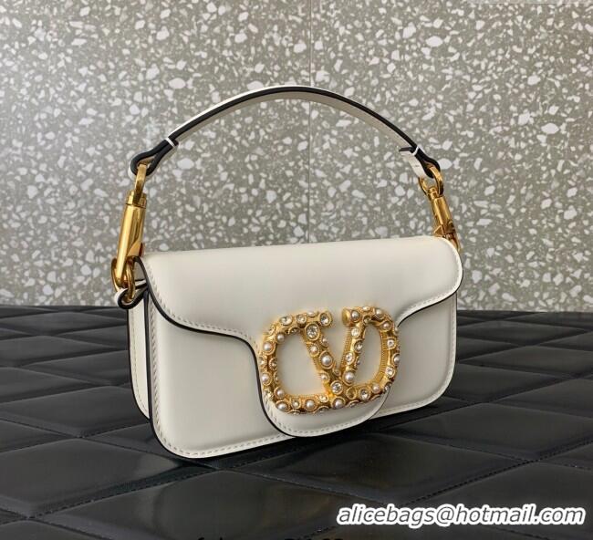 Luxury Cheap Valentino Garavani Loco Small Shoulder Bag In Calfskin Leather With Jewel Logo 5053 White 2025