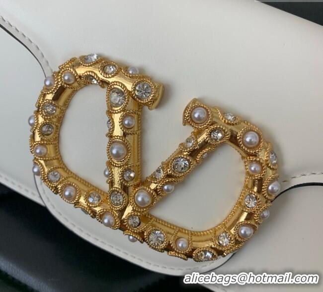 Luxury Cheap Valentino Garavani Loco Small Shoulder Bag In Calfskin Leather With Jewel Logo 5053 White 2025