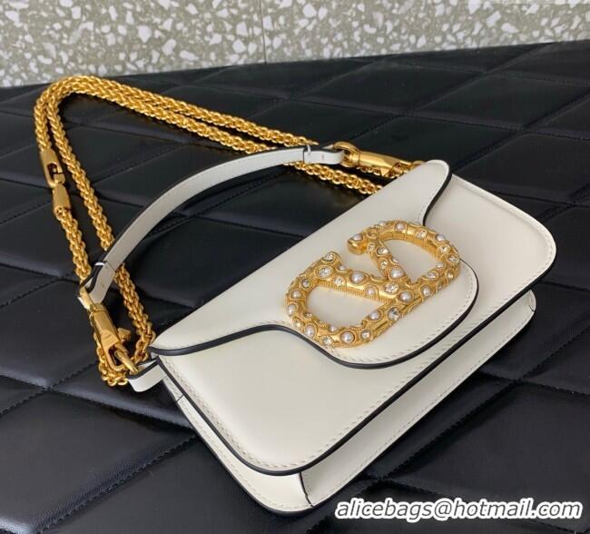 Luxury Cheap Valentino Garavani Loco Small Shoulder Bag In Calfskin Leather With Jewel Logo 5053 White 2025