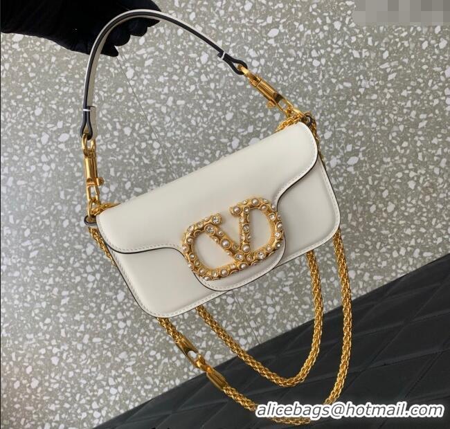 Luxury Cheap Valentino Garavani Loco Small Shoulder Bag In Calfskin Leather With Jewel Logo 5053 White 2025