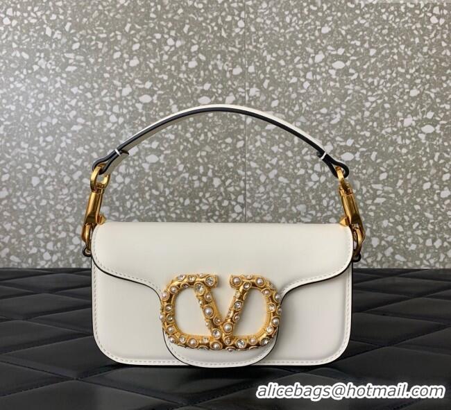 Luxury Cheap Valentino Garavani Loco Small Shoulder Bag In Calfskin Leather With Jewel Logo 5053 White 2025