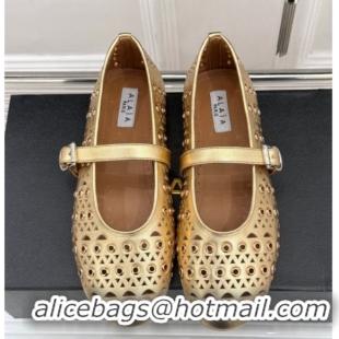 Best Price Alaia Ballet Flat in Openwork Leather with Eyelet Gold 1223012