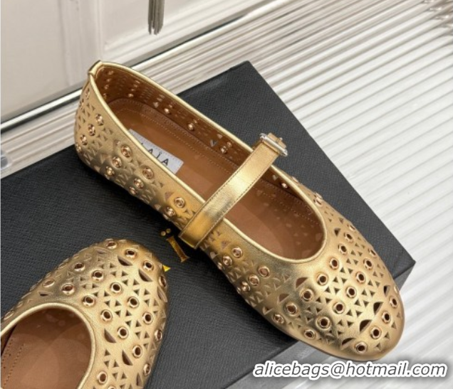 Best Price Alaia Ballet Flat in Openwork Leather with Eyelet Gold 1223012