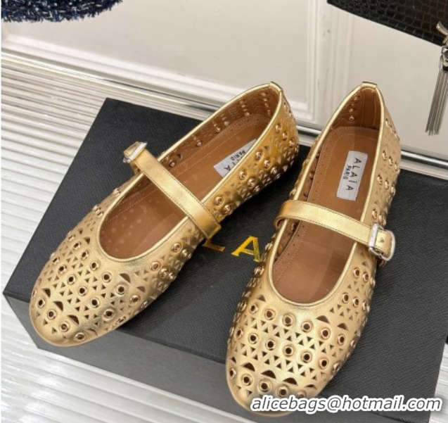 Best Price Alaia Ballet Flat in Openwork Leather with Eyelet Gold 1223012