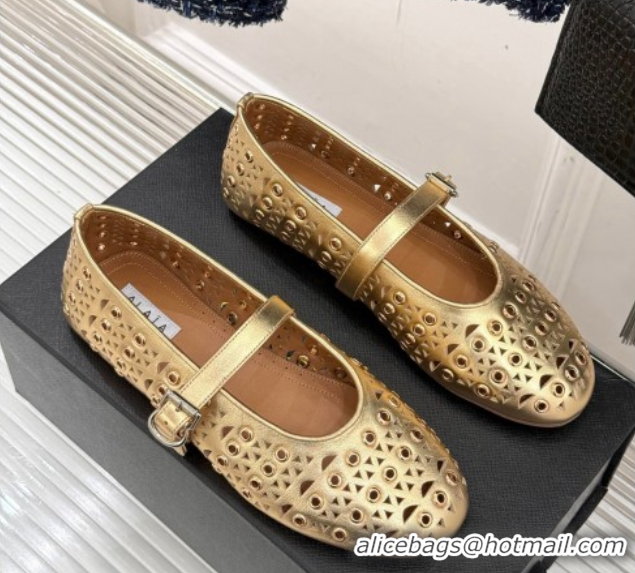 Best Price Alaia Ballet Flat in Openwork Leather with Eyelet Gold 1223012