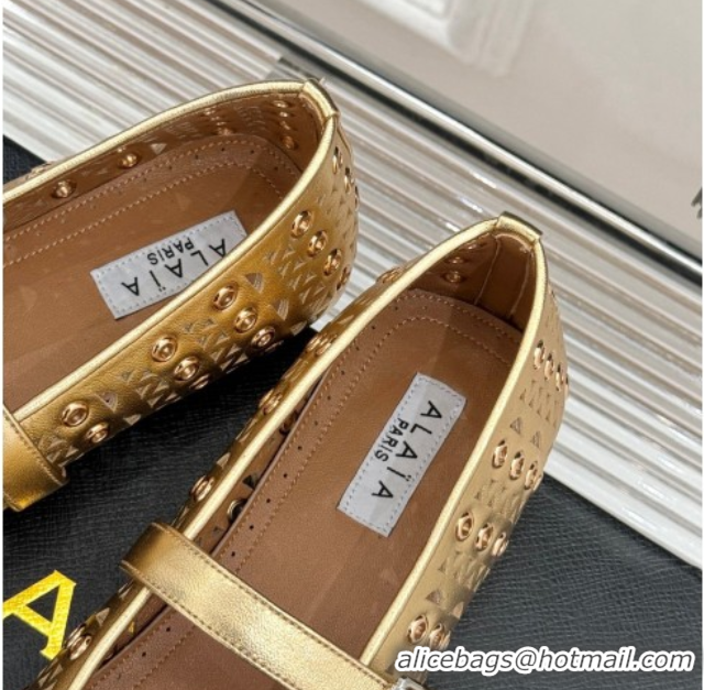 Best Price Alaia Ballet Flat in Openwork Leather with Eyelet Gold 1223012