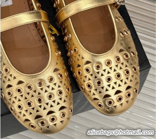 Best Price Alaia Ballet Flat in Openwork Leather with Eyelet Gold 1223012