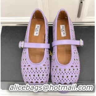 Promotion Alaia Ballet Flat in Openwork Leather with Eyelet Light Purple 1223013